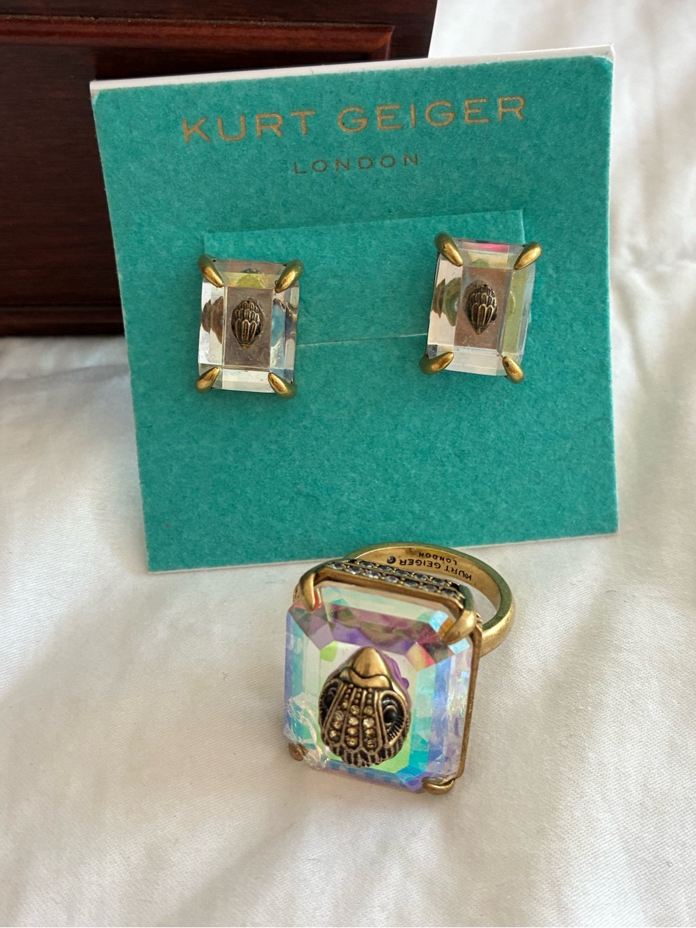 Kurt Geiger Iridescent Crystal Ring with Matching Studs